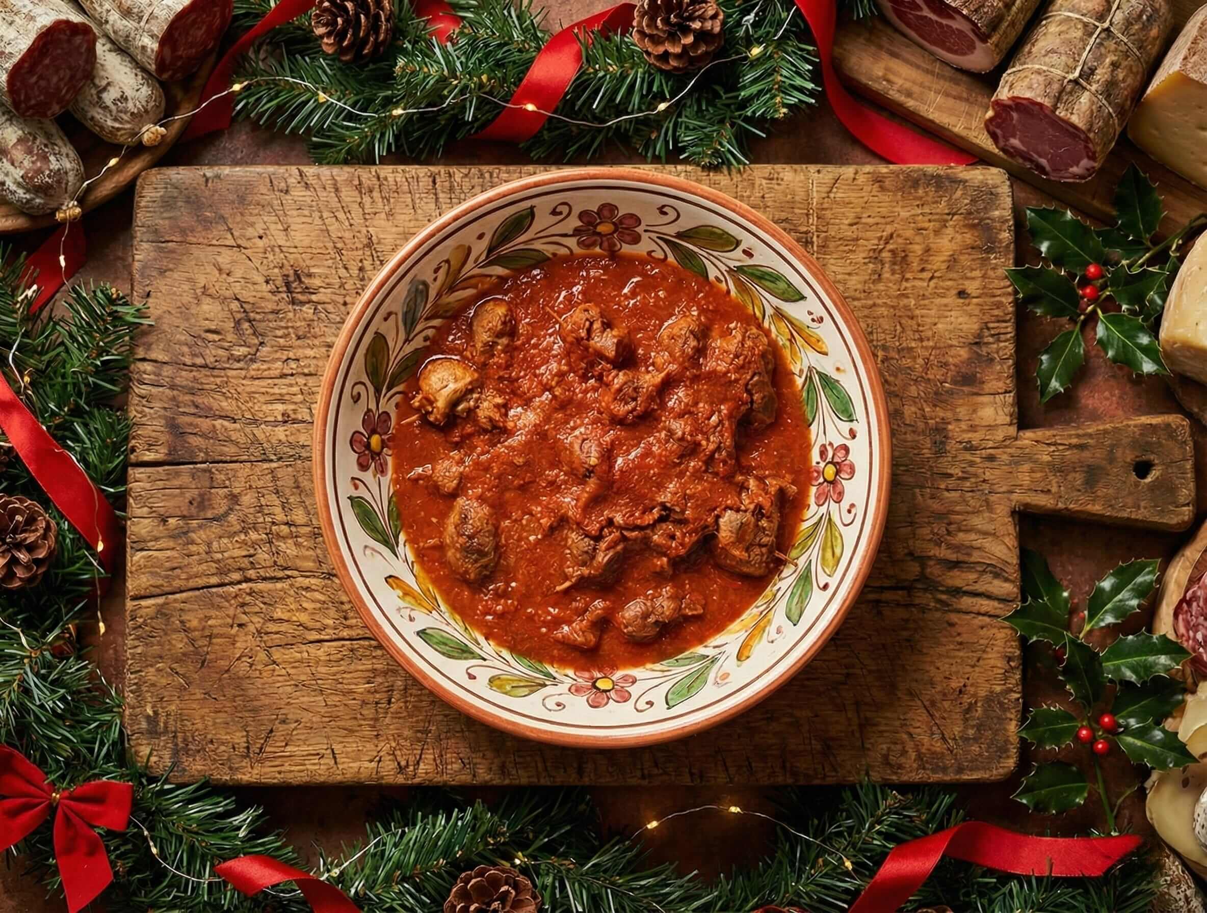 Braciole di cavallo cotte lentamente in un ricco sugo di pomodoro, pronte da servire.