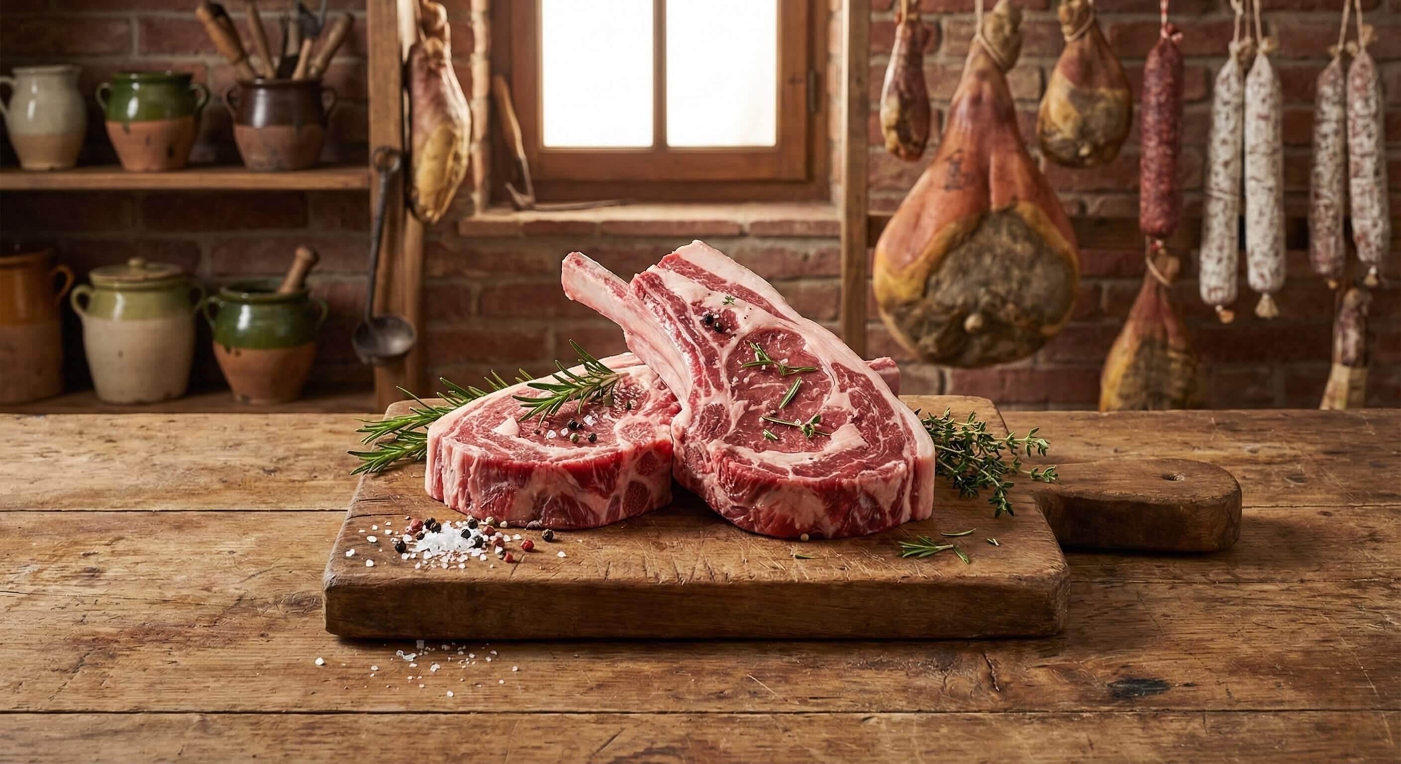 Costolette di mulo marinate con erbe aromatiche, tenere e gustose, pronte per la brace.