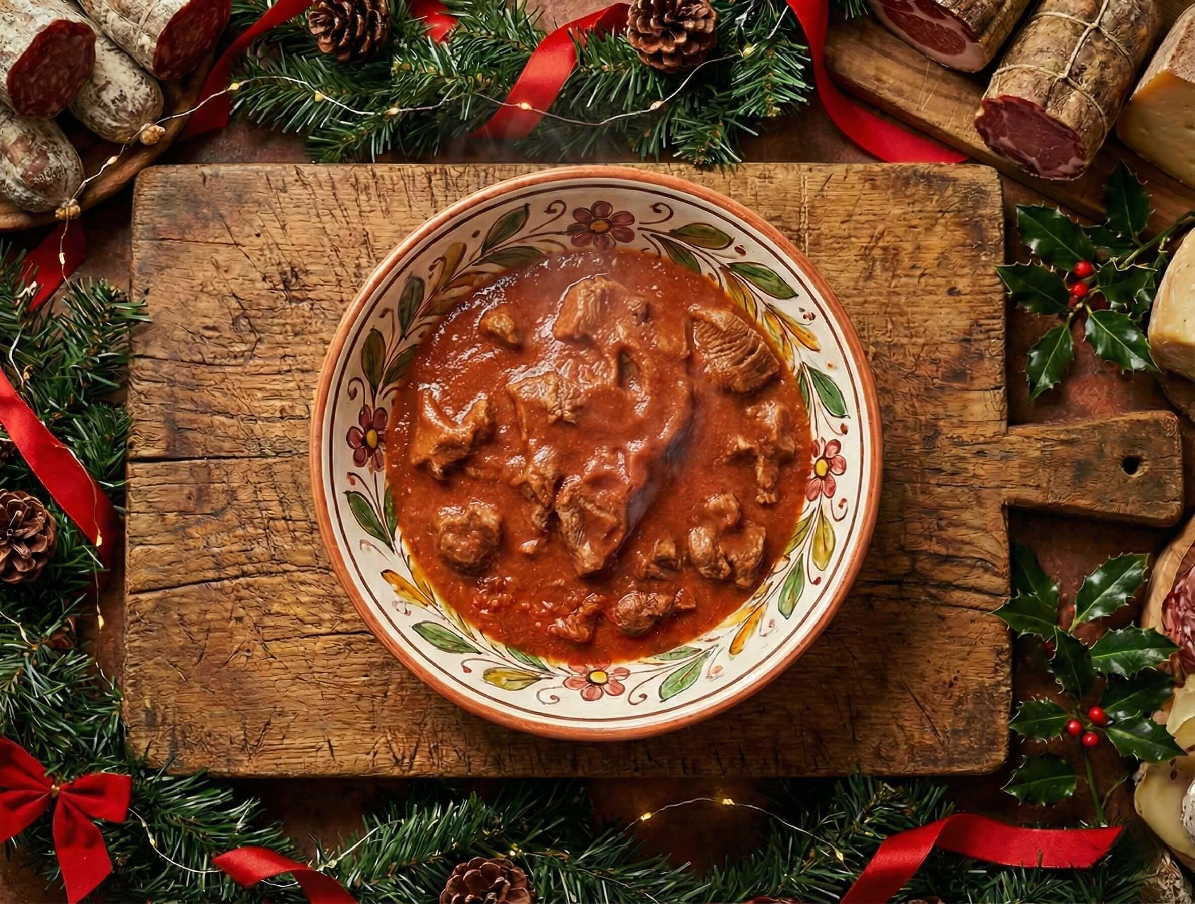 Pezzetti di carne di cavallo stufati, teneri e saporiti, immersi in un denso sugo.