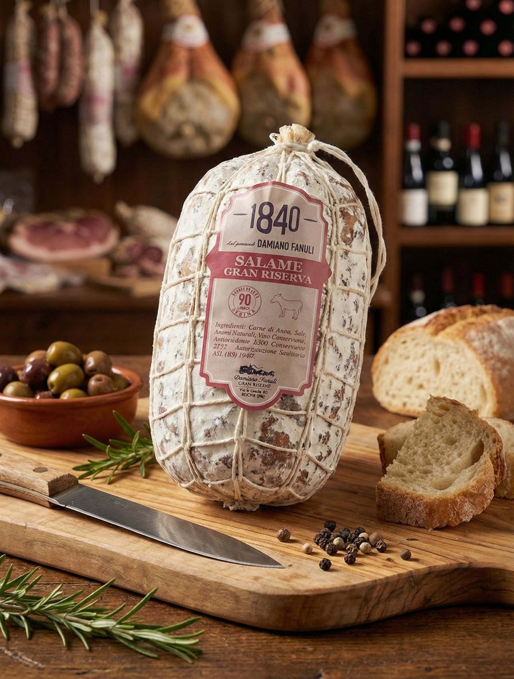 Salame di asino artigianale, stagionato lentamente per un sapore intenso e unico.