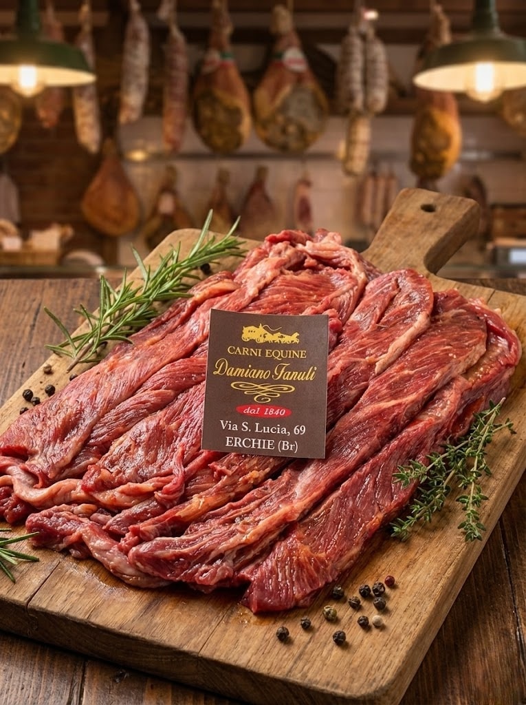 Sottili straccetti di asino marinati, veloci da cuocere e perfetti per piatti sfiziosi.