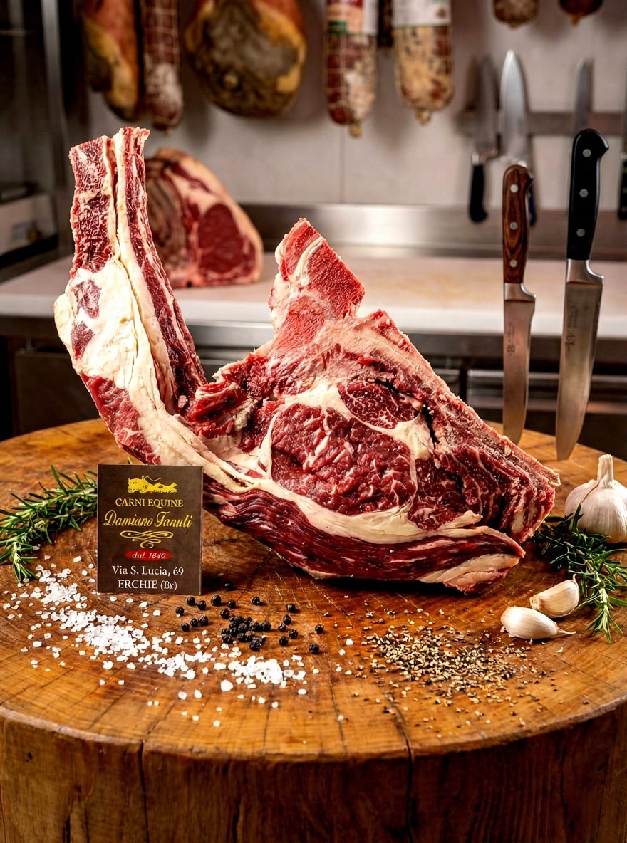 Imponente Tomahawk di asino con osso lungo, per una grigliata scenografica e indimenticabile.