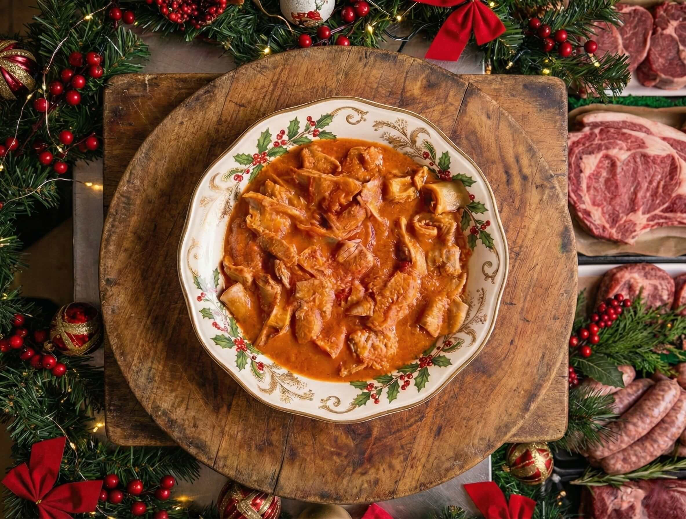 Piatto tradizionale di trippa cotta al sugo, ricca e gustosa.